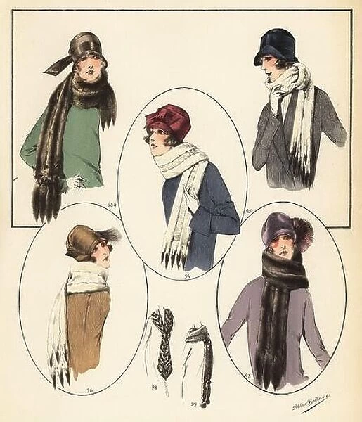 Fashionable women in cloche hats and fur scarves. Mink scarf with heads and tails 93a, ermine 94, 95, 96, mink 97, moleskin 99