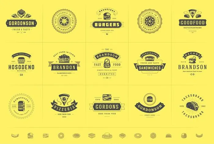 Framed Print : Fast food logos set vector illustration good for pizzeria or burger shop