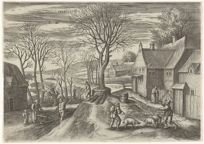 Framed Print : Februari, Julius Goltzius, after Gillis Mostaert (I)