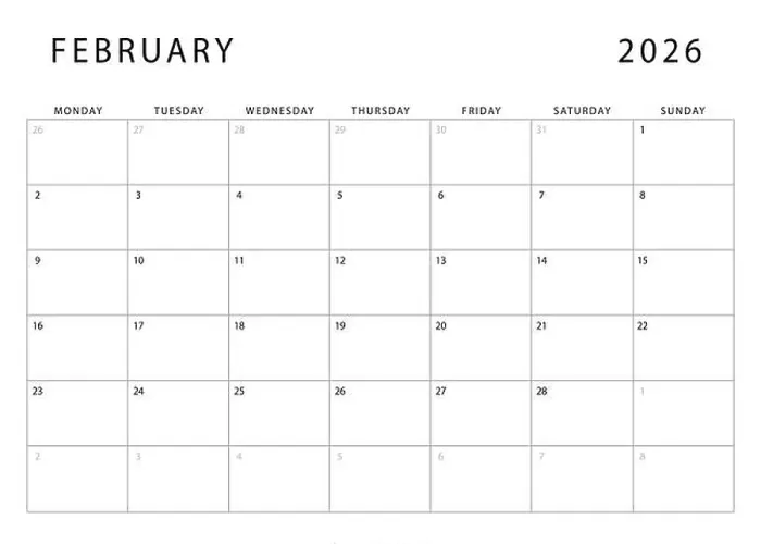 Framed Print : February 2026 calendar. Monthly planner template. Monday start. Vector design Framed Print : February 2026 calendar. Monthly planner template. Monday start. Vector design