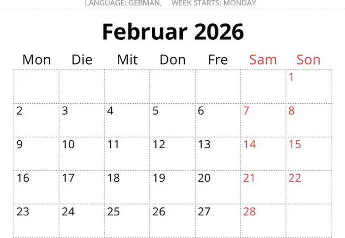 Framed Print : February 2026 German calendar planner – Februar. Vector illustration for Germany Framed Print : February 2026 German calendar planner – Februar. Vector illustration for Germany