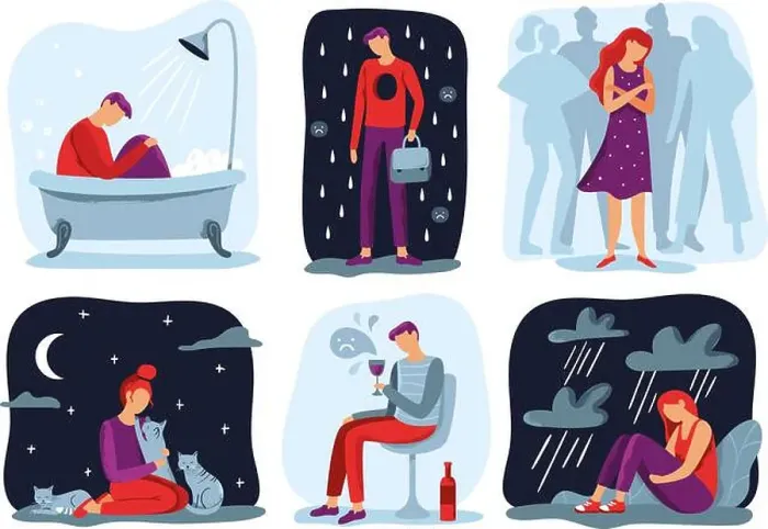 Framed Print : Feel loneliness. Feeling lonely, sad depressive person and social isolation vector illustration set Framed Print : Feel loneliness. Feeling lonely, sad depressive person and social isolation vector illustration set