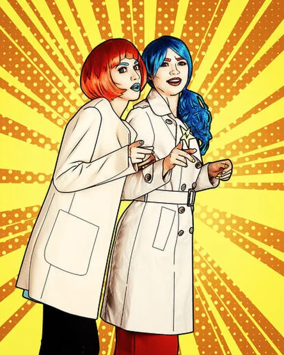Framed Print : Female detectives investigate a crime. Young women in comic pop art make-up style Framed Print : Female detectives investigate a crime. Young women in comic pop art make-up style