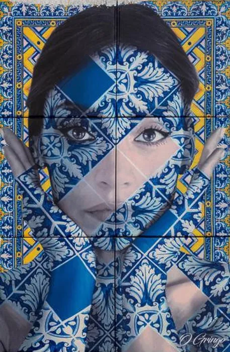 Framed Print : Female face depicted in modern style ceramic art, on a house in Bairro Alto; Lisbon, Portugal Framed Print : Female face depicted in modern style ceramic art, on a house in Bairro Alto; Lisbon, Portugal