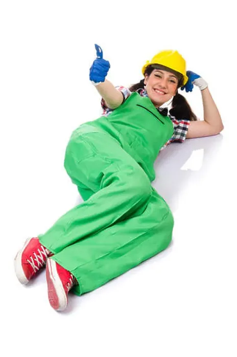 Framed Print : Female workman in green overalls isolated on white Framed Print : Female workman in green overalls isolated on white