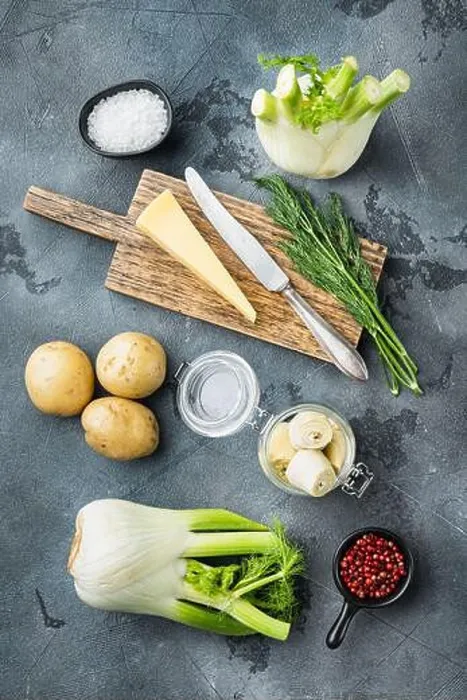 Framed Print : Fennel and artichoke with parmesan raw ingredient, on grey background, flat lay Framed Print : Fennel and artichoke with parmesan raw ingredient, on grey background, flat lay