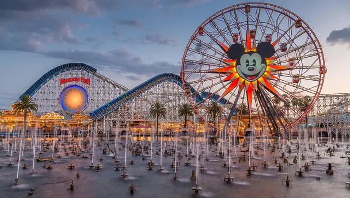 Framed Print : Ferris Wheel Mickey's Fun Wheel and Roller Coaster California Screamin, in front Lake Paradise Bay with water fountains Framed Print : Ferris Wheel Mickey's Fun Wheel and Roller Coaster California Screamin, in front Lake Paradise Bay with water fountains