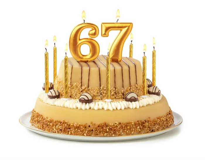 Framed Print : Festive cake with golden candles - Number 67 Framed Print : Festive cake with golden candles - Number 67
