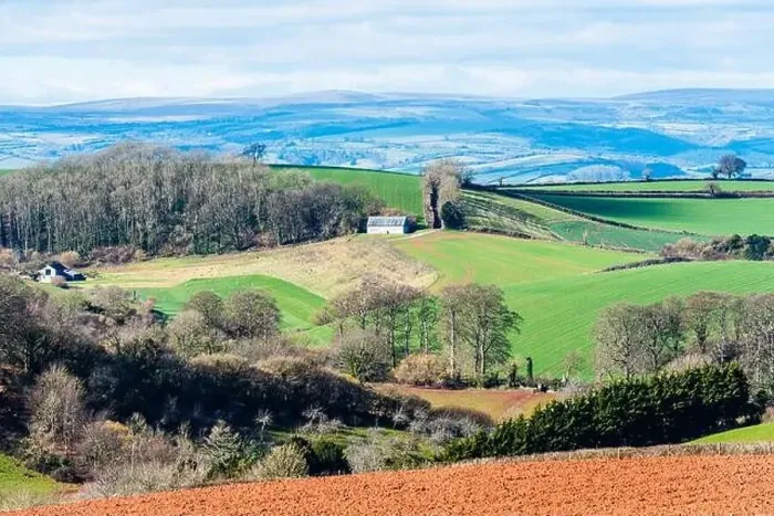 Framed Print : Fields and Farmlands in spring from a drone, Devon, England, Europe Framed Print : Fields and Farmlands in spring from a drone, Devon, England, Europe