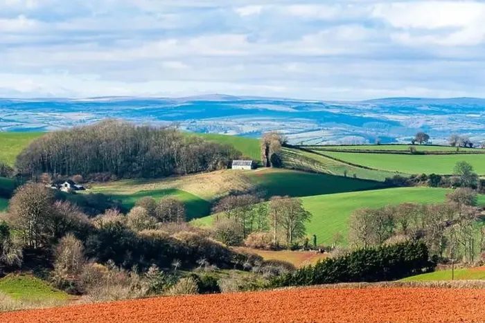 Framed Print : Fields and Farmlands in spring from a drone, Devon, England, Europe Framed Print : Fields and Farmlands in spring from a drone, Devon, England, Europe
