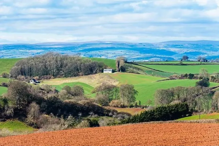 Framed Print : Fields and Farmlands in spring from a drone, Devon, England, Europe Framed Print : Fields and Farmlands in spring from a drone, Devon, England, Europe