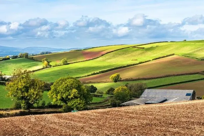 Framed Print : Fields and Farms over Devon, England, Europe Framed Print : Fields and Farms over Devon, England, Europe