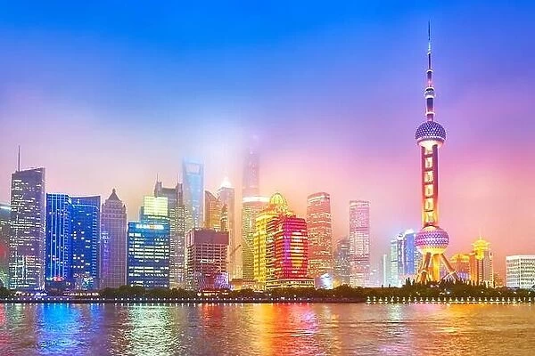 Financial district skyline on the Huangpu River, Pudong, Shanghai, China