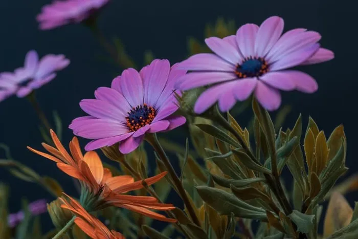 Framed Print : Fine art still life colorful macro image of a pair of wide open blooming violet pink african cape daisy / marguerite Framed Print : Fine art still life colorful macro image of a pair of wide open blooming violet pink african cape daisy / marguerite