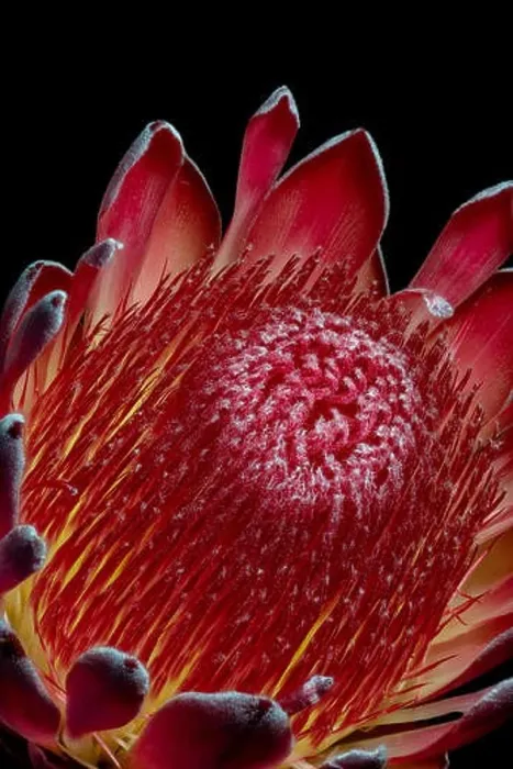 Framed Print : Fine art still life floral macro of a the inner of a single isolated yellow red glowing protea blossom Framed Print : Fine art still life floral macro of a the inner of a single isolated yellow red glowing protea blossom