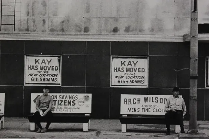 Framed Print : Fine black and white art photography from the 1970s of men waiting for a bus on benches Framed Print : Fine black and white art photography from the 1970s of men waiting for a bus on benches