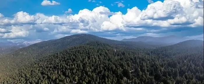 Framed Print : Fir forest landscape Parnassos Mountain panoramic aerial drone view, blue cloudy sky Framed Print : Fir forest landscape Parnassos Mountain panoramic aerial drone view, blue cloudy sky