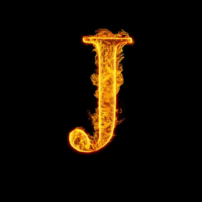 Framed Print : Fire alphabet letter J isolated on black background