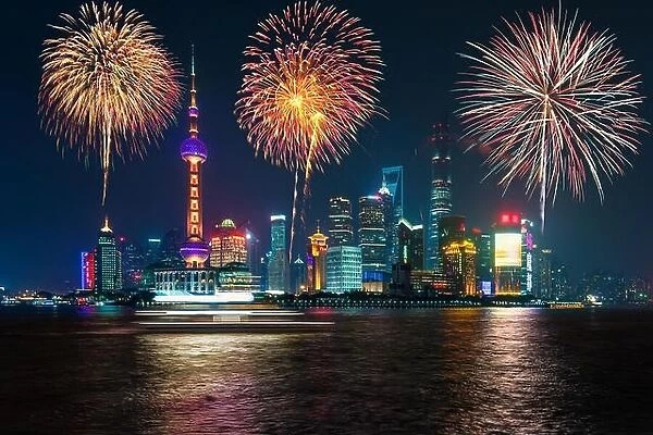Fireworks in Shanghai, China celebration National Day of the People's Republic of China