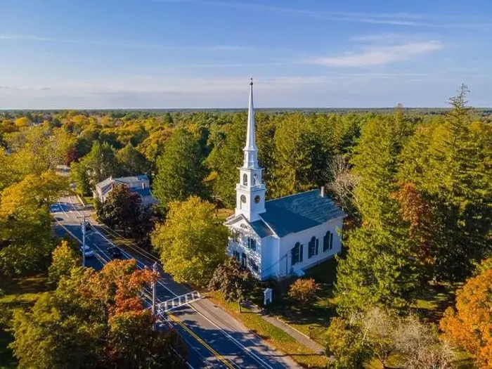 Framed Print : First Unitarian Church with fall foliage aerial view at 223 Main Street Framed Print : First Unitarian Church with fall foliage aerial view at 223 Main Street