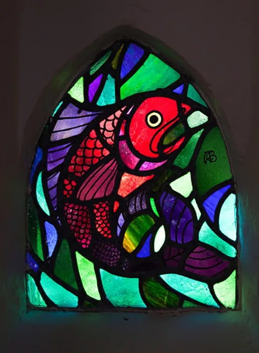 Framed Print : Fish Window stained glass by Theodore Baily made in the 1920s St David's Church Caldey Island Wales UK Framed Print : Fish Window stained glass by Theodore Baily made in the 1920s St David's Church Caldey Island Wales UK
