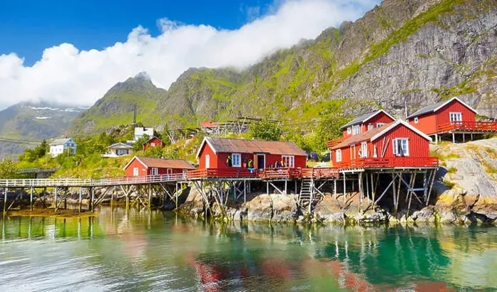 Framed Print : Fishermen red wooden huts rorbu, Lofoten Islands, Norway Framed Print : Fishermen red wooden huts rorbu, Lofoten Islands, Norway