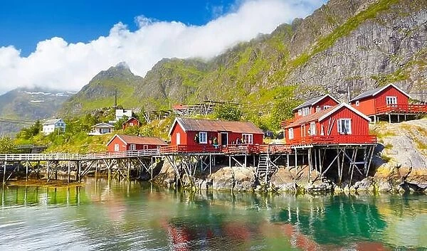 Fishermen red wooden huts rorbu, Lofoten Islands, Norway