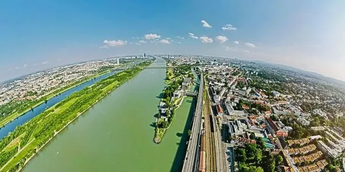 Framed Print : Fisheye Aerial drone view of Danube river in Vienna Austria cityscape with danube island Framed Print : Fisheye Aerial drone view of Danube river in Vienna Austria cityscape with danube island