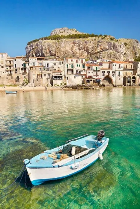 Framed Print : Fishing boat and medieval houses of Cefalu old town, Sicily, Italy Framed Print : Fishing boat and medieval houses of Cefalu old town, Sicily, Italy