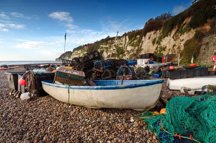 Framed Print : A fishing boat with nets and lobster pots on the beach at Beer on the Jurassic Coast in Devon Framed Print : A fishing boat with nets and lobster pots on the beach at Beer on the Jurassic Coast in Devon