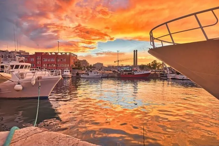 Framed Print : Fishing boats in Monopoli city bay at sunset with cloudy sky background, southern Italy, Europe Framed Print : Fishing boats in Monopoli city bay at sunset with cloudy sky background, southern Italy, Europe