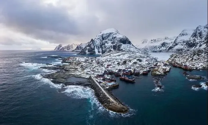 Framed Print : Fishing Village A, Rorbu, Sea and Mountains in Winter. Moskenes, Lofoten Islands. Landscape of Norway. Aerial View Framed Print : Fishing Village A, Rorbu, Sea and Mountains in Winter. Moskenes, Lofoten Islands. Landscape of Norway. Aerial View