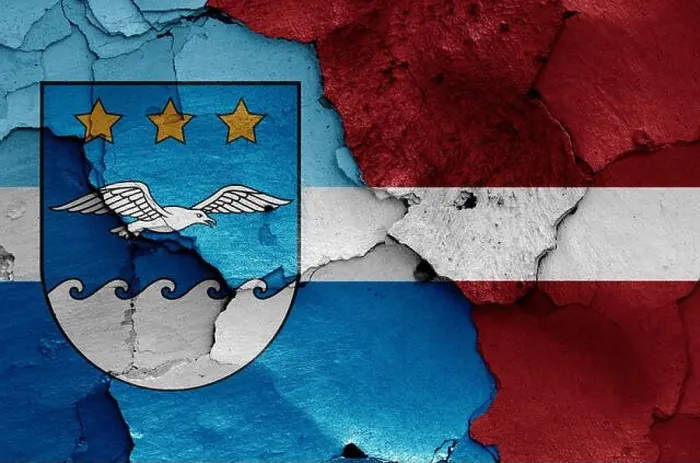 Framed Print : flags of Jurmala and Latvia painted on cracked wall Framed Print : flags of Jurmala and Latvia painted on cracked wall