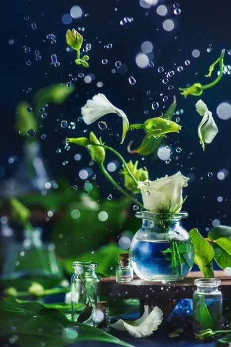Framed Print : Floating eustoma flowers, petals, buds and water drops in motion on a dark background with beautiful bokeh Framed Print : Floating eustoma flowers, petals, buds and water drops in motion on a dark background with beautiful bokeh