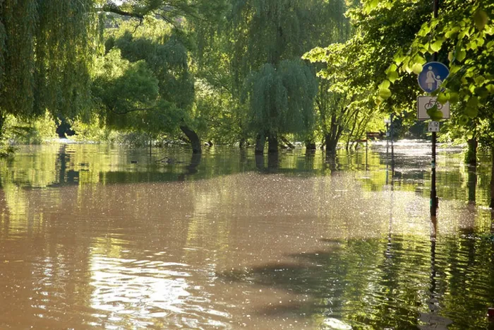 Framed Print : flood of river Saale in Halle, Emil-Eichhorn-Strasse, Germany, 05. June 2013; Hochwasser in Halle (Saale)