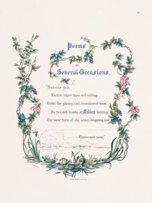 Framed Print : Floral frame. Plate featuring intricate flower arrangements with decorative text from John Milton's works Framed Print : Floral frame. Plate featuring intricate flower arrangements with decorative text from John Milton's works