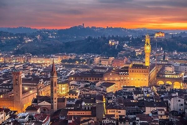 Florence, Italy aerial view at sunset with famous historic landmarks and towers