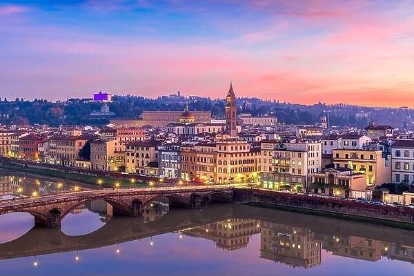 Florence, Italy overlooking the Arno River at twilight