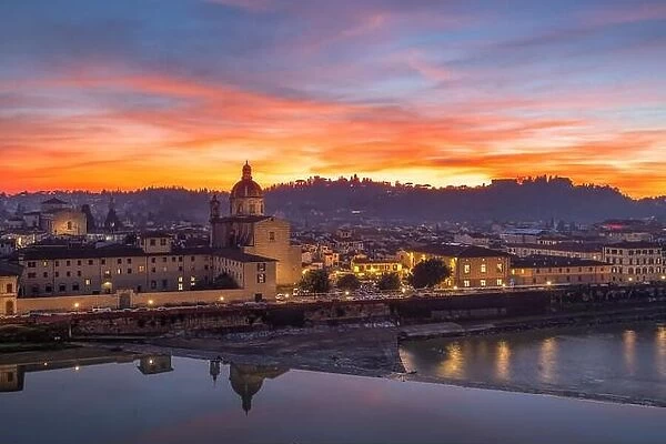 Florence, Italy with San Frediano in Cestello on the Arno River at dusk