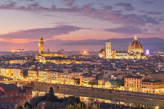 Framed Print : Florence, Italy skyline with landmark buildings at dusk over the Arno River