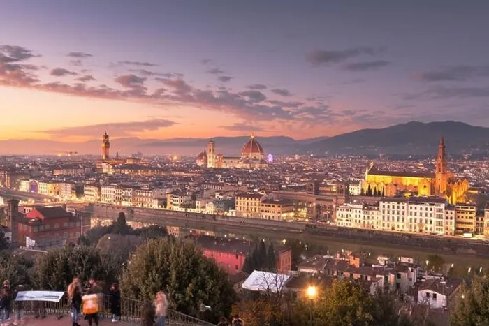 Framed Print : Florence, Italy skyline with landmark buildings at dusk over the Arno River Framed Print : Florence, Italy skyline with landmark buildings at dusk over the Arno River