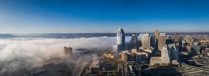 Framed Print : Fog at Cincinnati downtown aerial view, Ohio, USA skyline Framed Print : Fog at Cincinnati downtown aerial view, Ohio, USA skyline