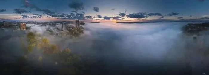 Framed Print : Fog at Cincinnati downtown aerial view, Ohio, USA skyline