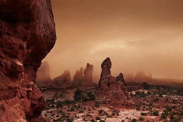 Foggy morning in Arches National Park, Utah, USA