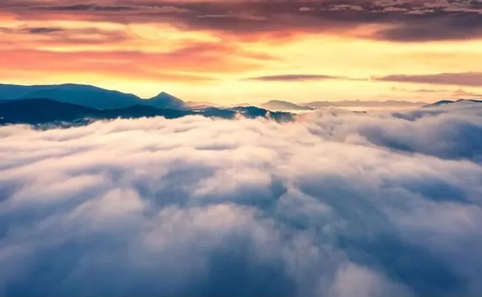 Framed Print : Foggy summer scenery. Flying above the clouds on drone Framed Print : Foggy summer scenery. Flying above the clouds on drone