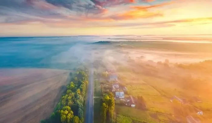 Framed Print : Foggy summer sunrise on countryside