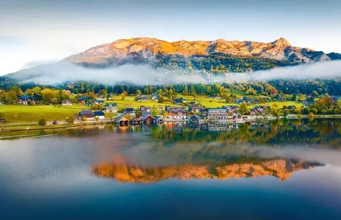 Framed Print : Foggy summer view from flying droneof Grundlsee lake Framed Print : Foggy summer view from flying droneof Grundlsee lake