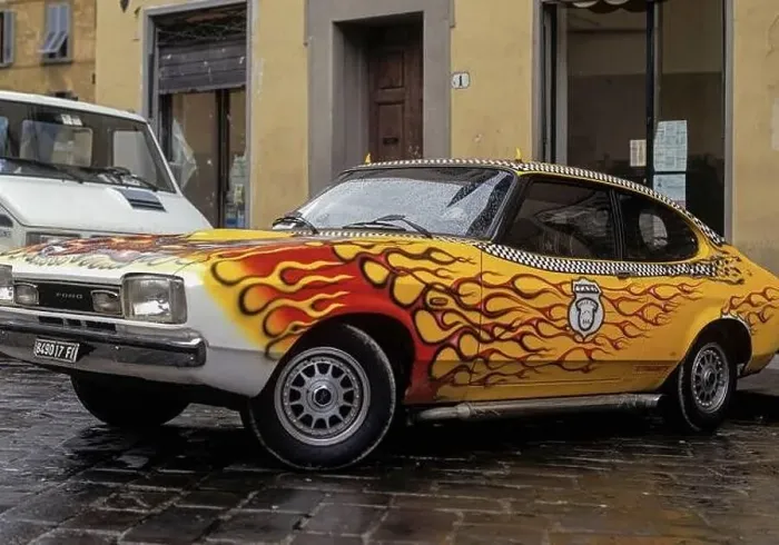 Framed Print : A Ford Capri, customised in flaming red and yellow and with rooftop devil's horns
