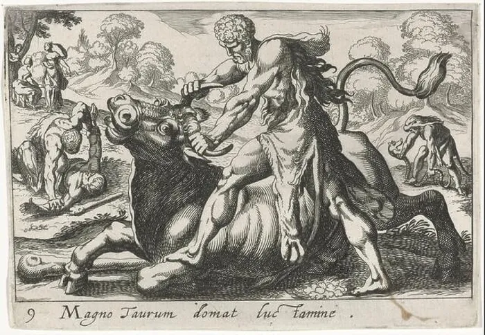 Framed Print : in the foreground the river god Hercules barrel Acheloüs in the form of a bull by the horns Framed Print : in the foreground the river god Hercules barrel Acheloüs in the form of a bull by the horns