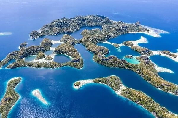 Forest-covered limestone islands rise from the seascape in Raja Ampat, Indonesia. This remote region is known for its great marine biodiversity
